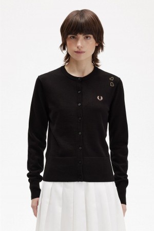 Fred Perry Button-Though Cardigan Strickwaren Damen Schwarz | XCHGW49659