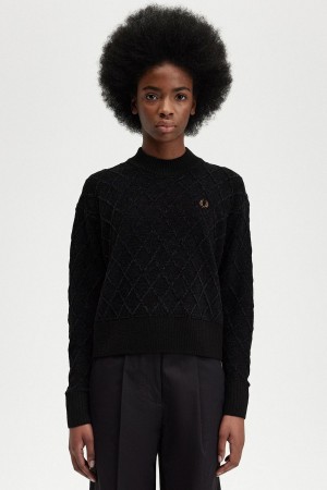 Fred Perry Chenille Grid Jumper Strickwaren Damen Schwarz | CHNZX34836