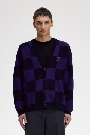 Fred Perry Chequerboard Cardigan Strickwaren Herren Navy | CHDFL18051