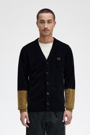 Fred Perry Colour Block Chenille Cardigan Strickwaren Herren Schwarz | CHQAV38073