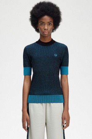 Fred Perry Contrast Rib Kurzes Sleeve Jumper Strickwaren Damen Schwarz | PCHER39382