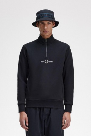 Fred Perry Embroidered Half Zip Sweatshirts Herren Schwarz | CHEGJ14355