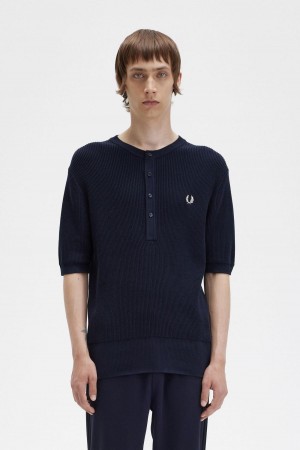 Fred Perry Gerippt Gestrickt Henley Top Strickwaren Herren Navy | PCHQX42745