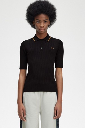 Fred Perry Gerippt Gestrickt Shirt Strickwaren Damen Schwarz | ACHWC92752