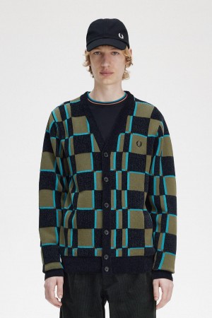 Fred Perry Glitch Chequerboard Cardigan Strickwaren Herren Grün Schwarz | ACHDF13190