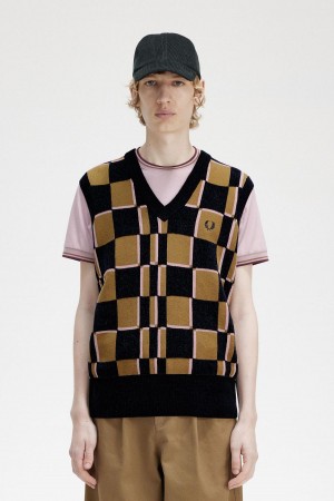 Fred Perry Glitch Chequerboard Tank Strickwaren Herren Navy | YCHVQ76830