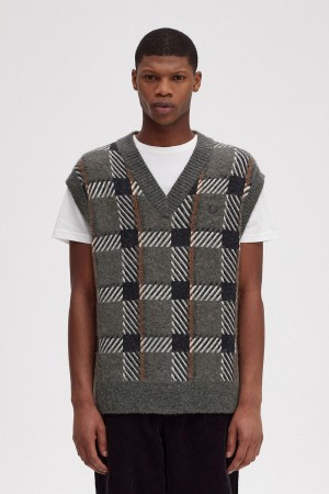 Fred Perry Glitch Tartan Gestrickt Tank Strickwaren Herren Grün | CHJZR12514