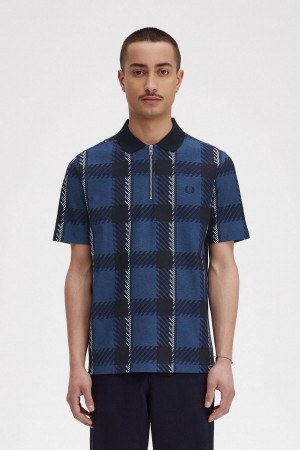 Fred Perry Glitch Tartan Zip Neck Polo Shirt Polo Shirts Herren Blau | CHZDE89749