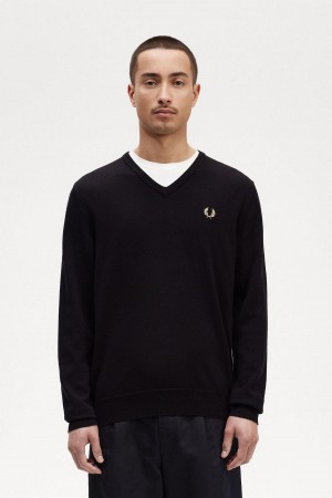 Fred Perry Klassische V-Neck Jumper Strickwaren Herren Schwarz | ECHHC32658