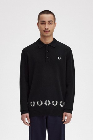 Fred Perry Laurel Wreath Trim Gestrickt Shirt Strickwaren Herren Schwarz | GCHEC71485