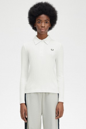 Fred Perry Long Sleeve Gerippt Polo Shirts Damen Weiß | PCHQX19700