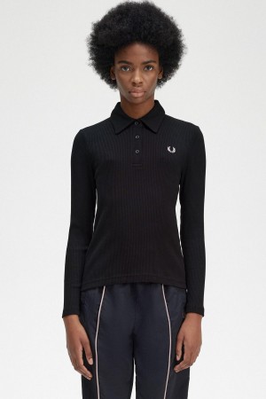 Fred Perry Long Sleeve Gerippt Polo Shirts Damen Schwarz | CHQCS72237