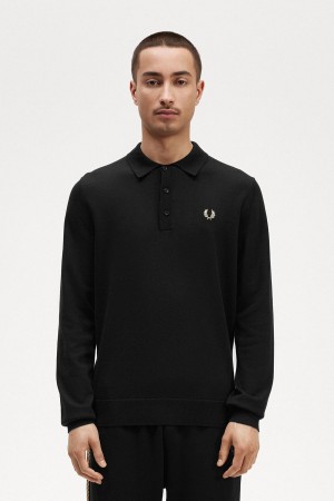 Fred Perry Long Sleeve Gestrickt Shirt Strickwaren Herren Schwarz | CHJVR35928