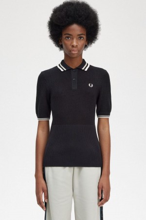 Fred Perry Open-Gestrickt Shirt Strickwaren Damen Schwarz | XCHBH22687