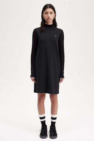 Fred Perry Sheer Sleeve Mock Neck Kleid Damen Schwarz | MCHFT52879