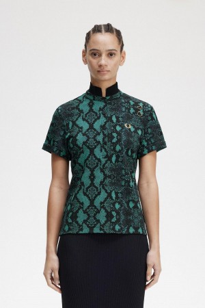 Fred Perry Snake Print Polo Shirts Damen Tiefesmintfarben | TCHPQ53407