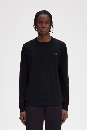 Fred Perry Taped Long Sleeve T-shirts Herren Schwarz Braun | FCHUI11217