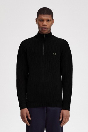 Fred Perry Textured Half Zip Jumper Strickwaren Herren Schwarz | PCHQX88070
