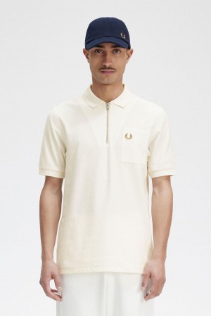 Fred Perry Textured Zip Neck Polo Shirt Polo Shirts Herren Ecru | QCHUV64195