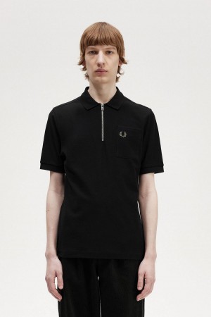 Fred Perry Textured Zip Neck Polo Shirt Polo Shirts Herren Schwarz | CHZPD20549