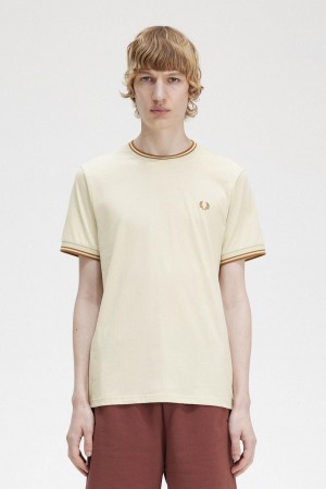 Fred Perry Twin Tipped T-shirts Herren Oatmeal | DCHKV75048