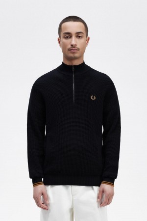 Fred Perry Waffle Stitch Half Zip Jumper Strickwaren Herren Navy | CHQAV71716