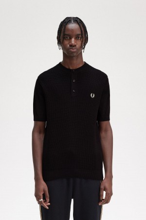 Fred Perry Waffle Stitch Henley Shirt Strickwaren Herren Schwarz | MCHHR28549