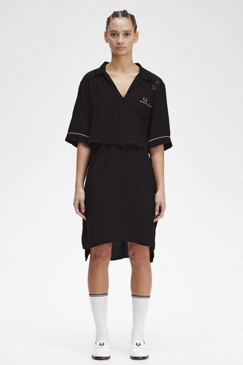 Fred Perry Bowling Shirt Kleid Damen Schwarz | CHCVG56730