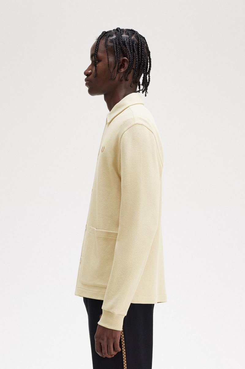 Fred Perry Button Through Long Sleeve Polo Shirt Polo Shirts Herren Oatmeal | ACHDF52451