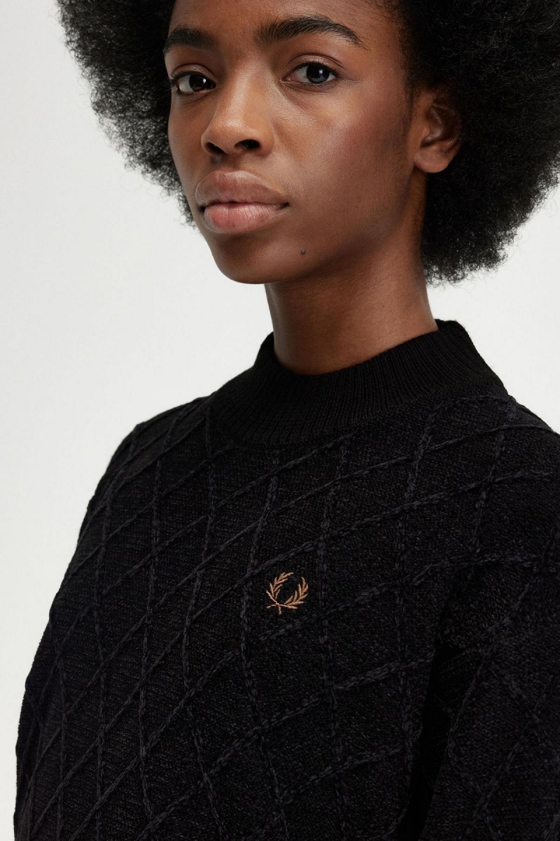Fred Perry Chenille Grid Jumper Strickwaren Damen Schwarz | CHNZX34836