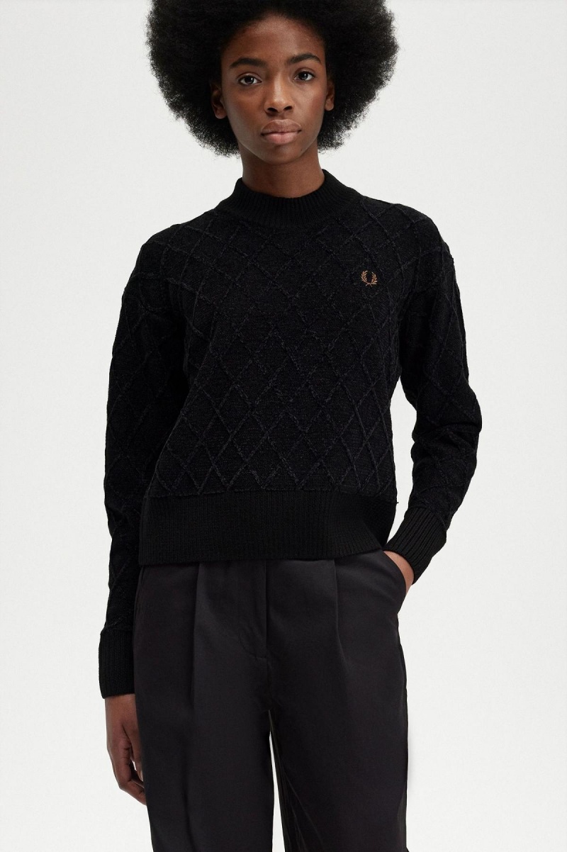 Fred Perry Chenille Grid Jumper Strickwaren Damen Schwarz | CHNZX34836