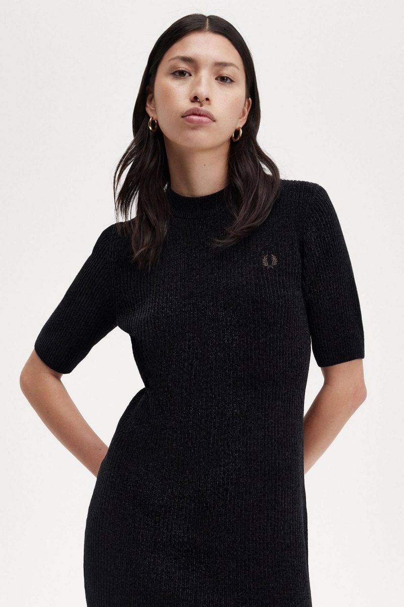 Fred Perry Chenille Rib Kleid Damen Schwarz | ZCHNQ71130