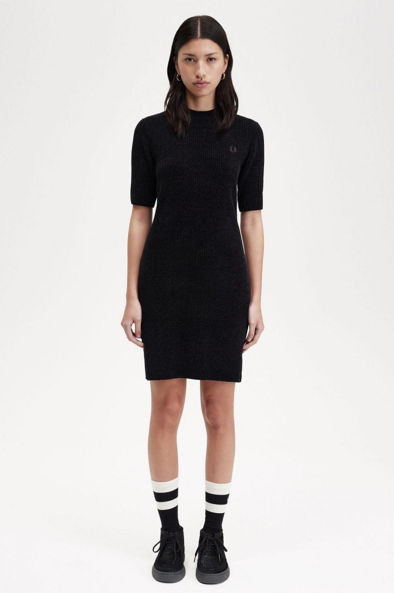 Fred Perry Chenille Rib Kleid Damen Schwarz | ZCHNQ71130