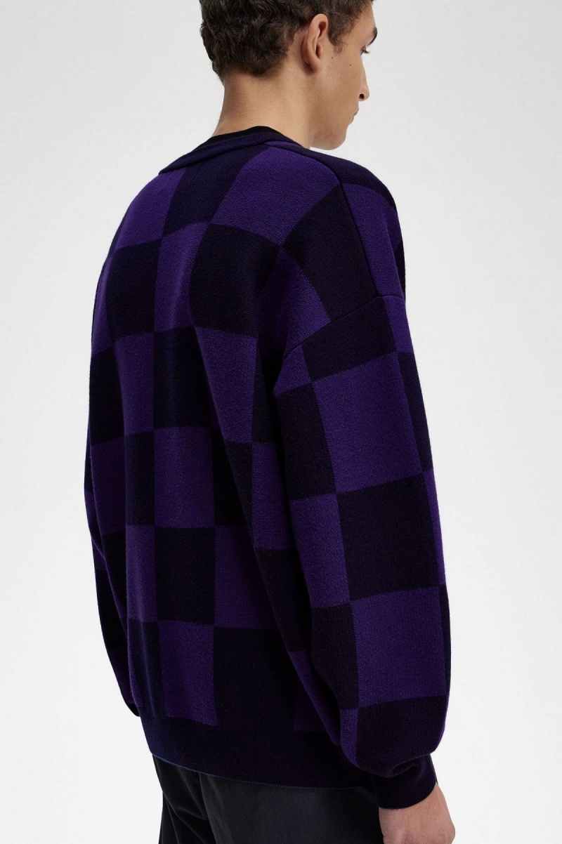 Fred Perry Chequerboard Cardigan Strickwaren Herren Navy | CHDFL18051