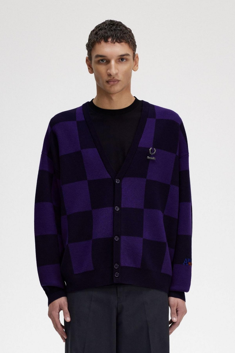 Fred Perry Chequerboard Cardigan Strickwaren Herren Navy | CHDFL18051