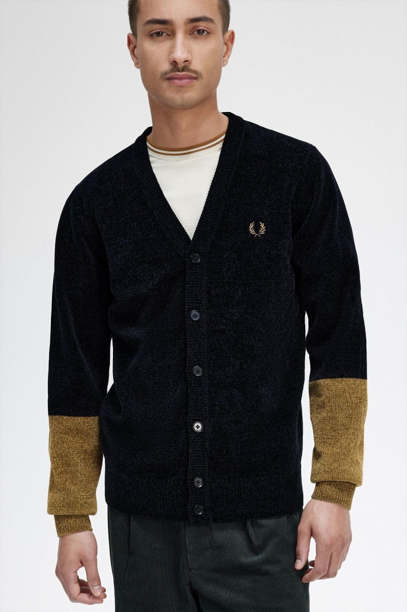 Fred Perry Colour Block Chenille Cardigan Strickwaren Herren Schwarz | CHQAV38073