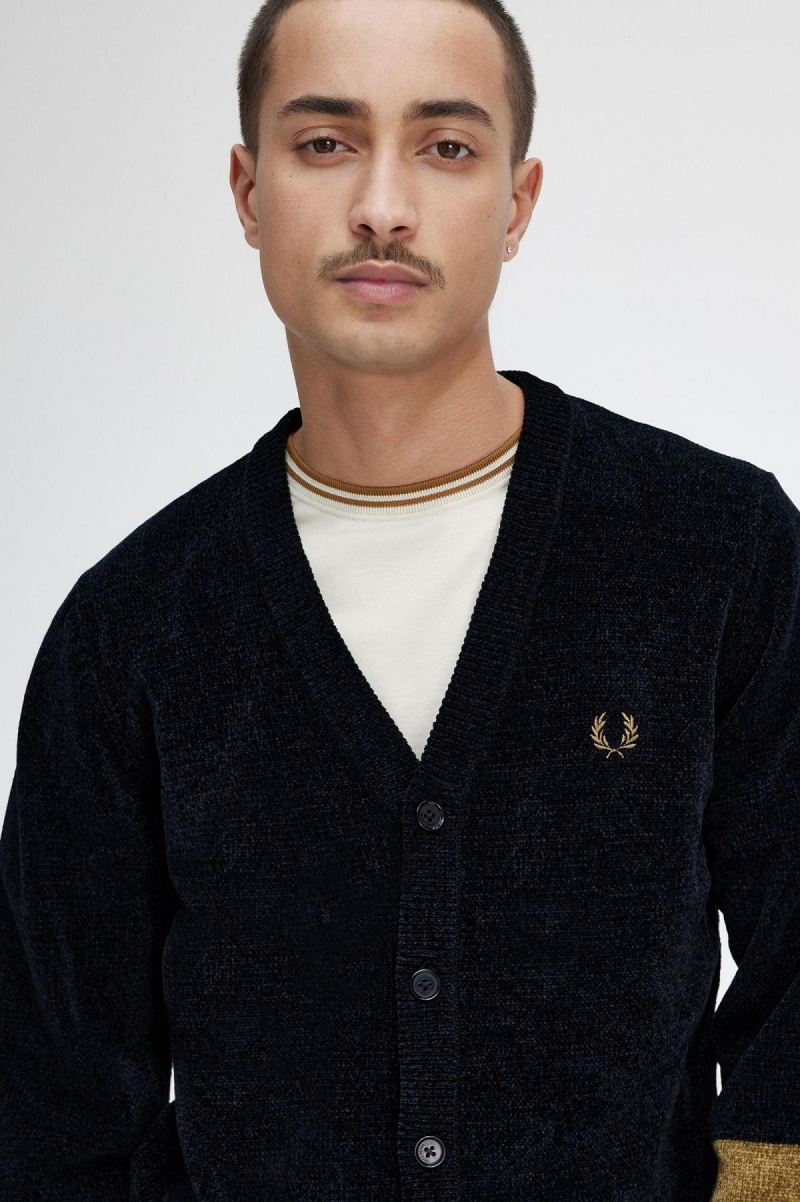 Fred Perry Colour Block Chenille Cardigan Strickwaren Herren Schwarz | CHQAV38073