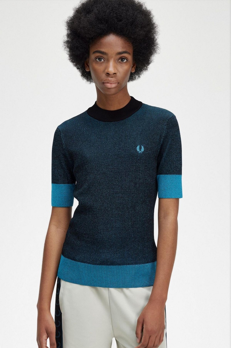 Fred Perry Contrast Rib Kurzes Sleeve Jumper Strickwaren Damen Schwarz | PCHER39382