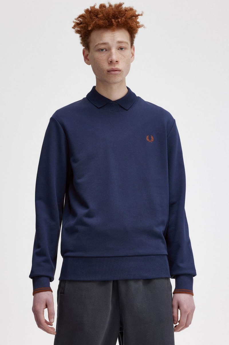Fred Perry Crew Neck Sweatshirts Herren Navy Braun | CHEGJ84597