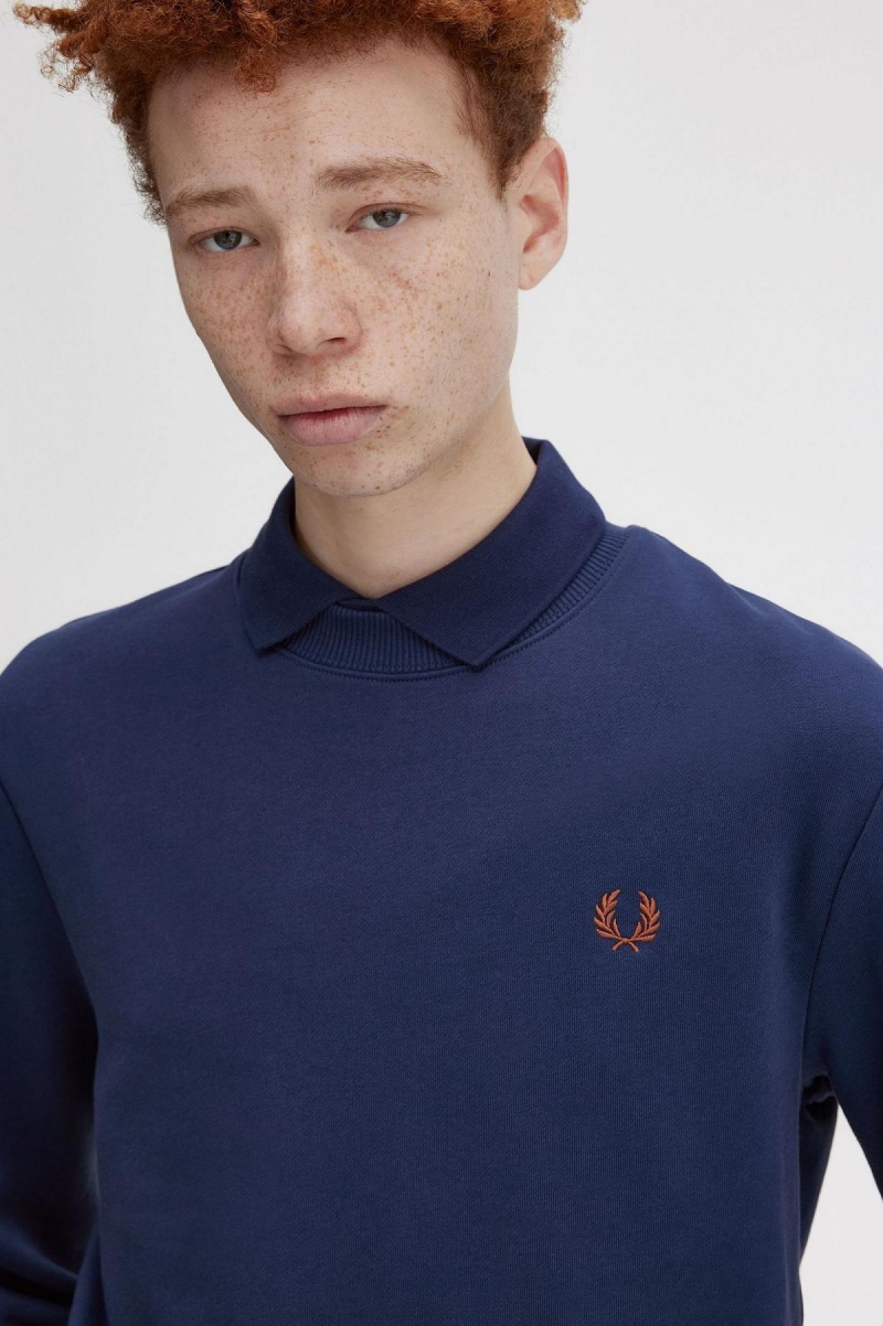 Fred Perry Crew Neck Sweatshirts Herren Navy Braun | CHEGJ84597