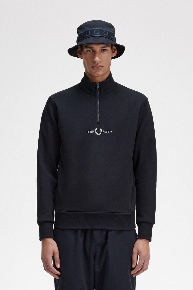 Fred Perry Embroidered Half Zip Sweatshirts Herren Schwarz | CHEGJ14355