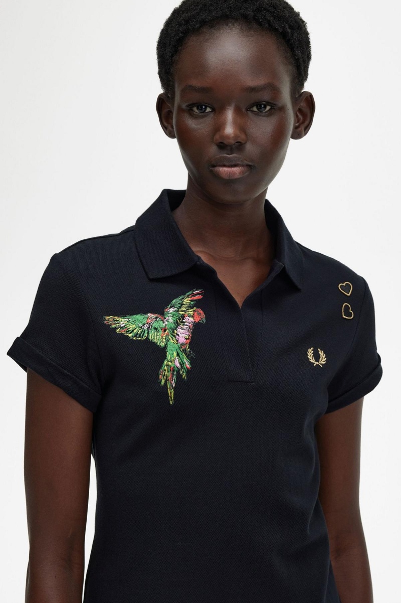 Fred Perry Embroidered Piqué Kleid Damen Schwarz | ZCHNQ76650