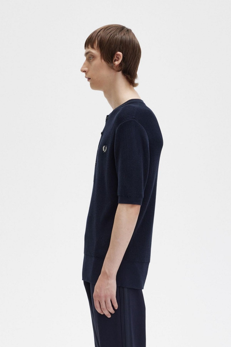 Fred Perry Gerippt Gestrickt Henley Top Strickwaren Herren Navy | PCHQX42745