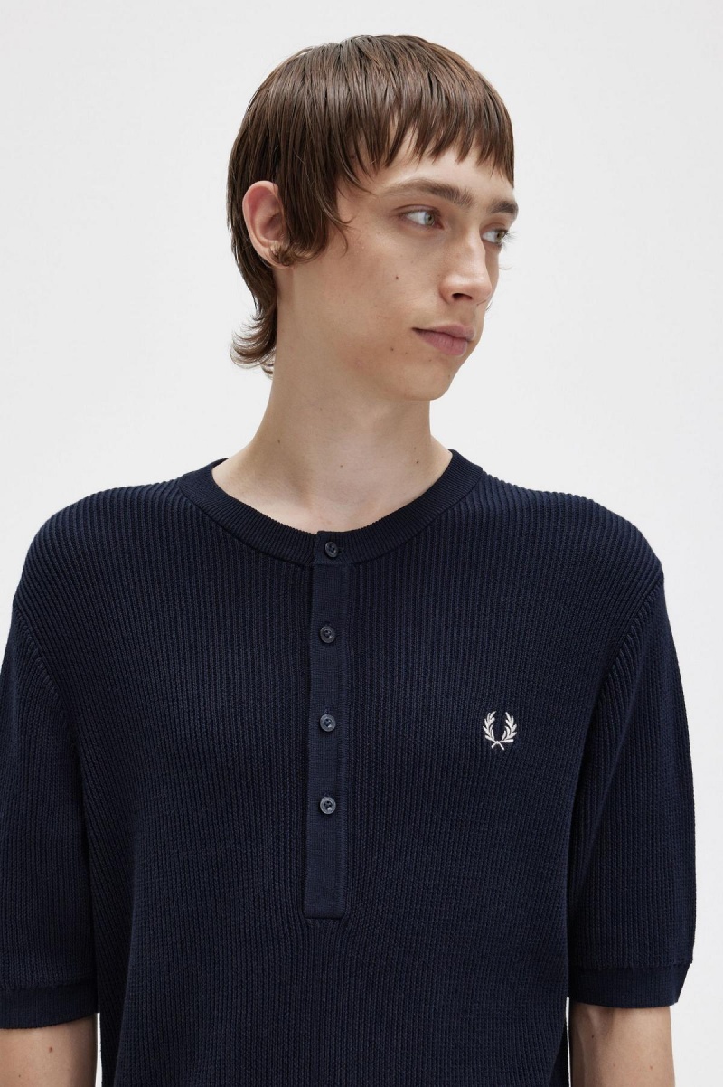 Fred Perry Gerippt Gestrickt Henley Top Strickwaren Herren Navy | PCHQX42745