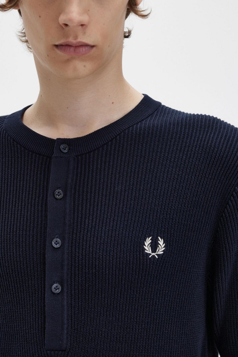 Fred Perry Gerippt Gestrickt Henley Top Strickwaren Herren Navy | PCHQX42745
