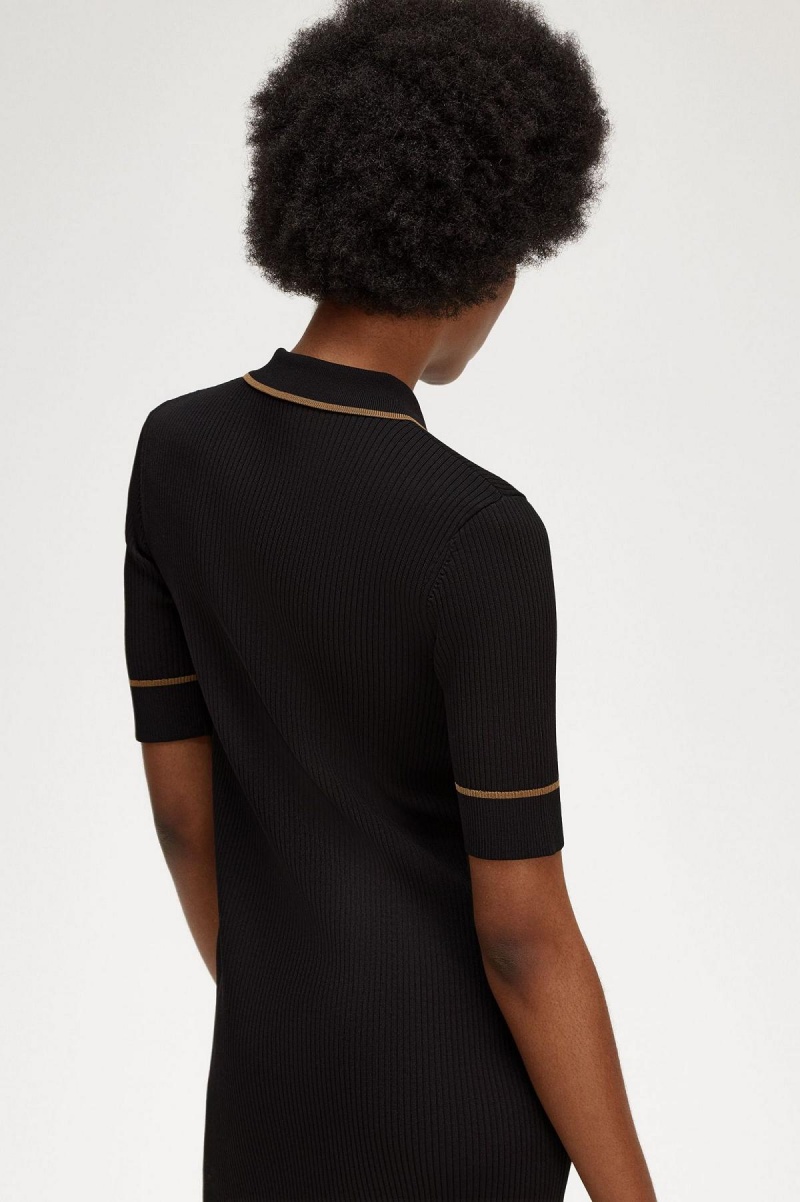 Fred Perry Gerippt Gestrickt Shirt Kleid Damen Schwarz | CHZPD16175