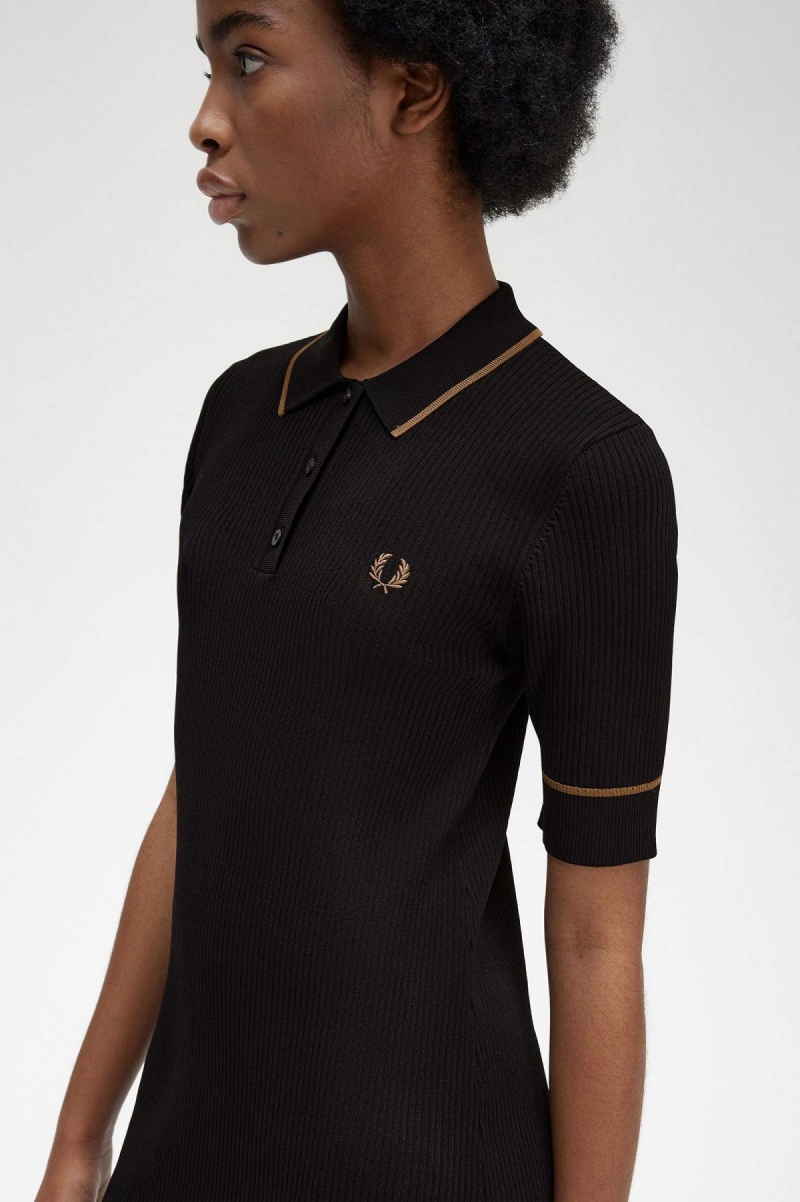 Fred Perry Gerippt Gestrickt Shirt Kleid Damen Schwarz | CHZPD16175