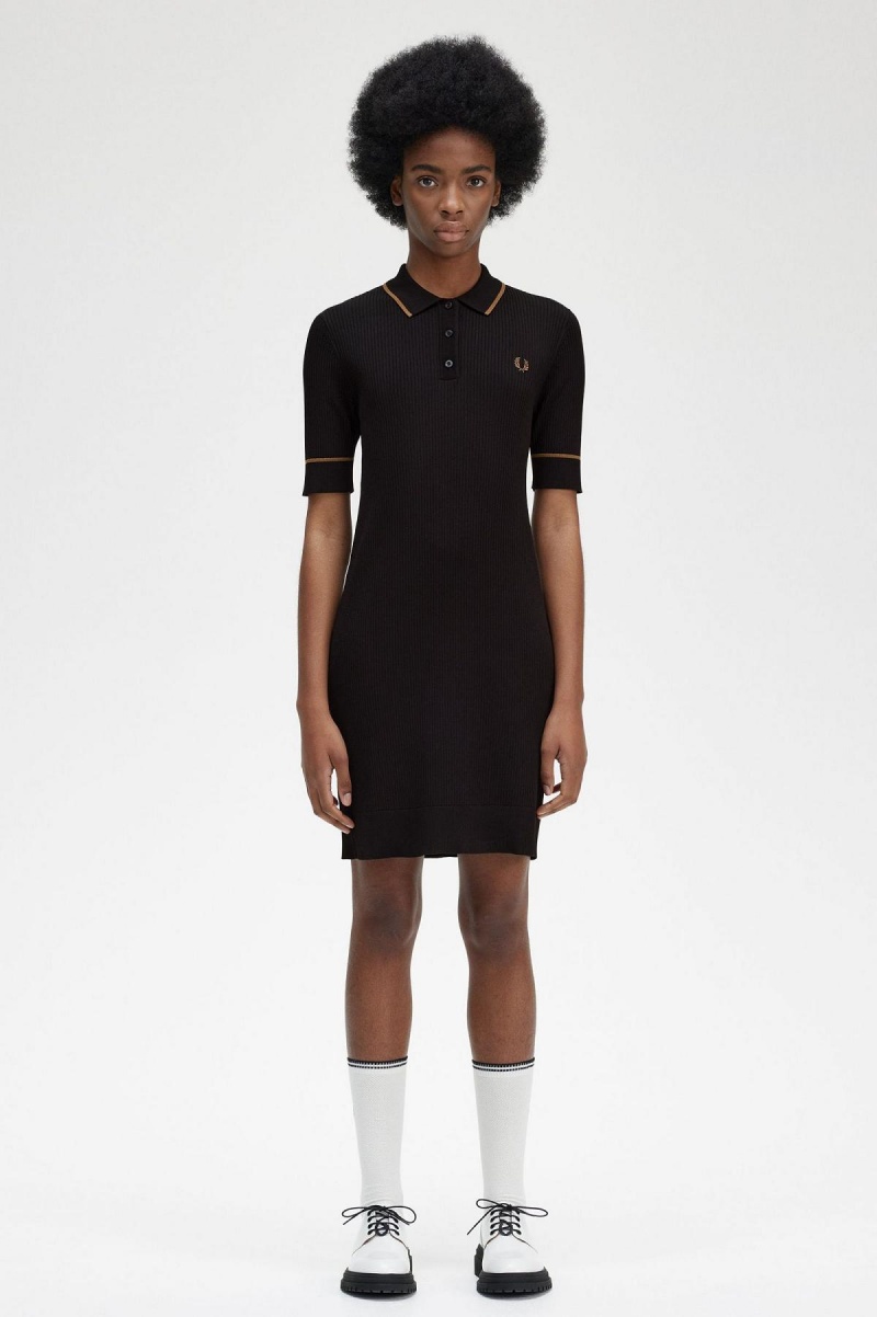 Fred Perry Gerippt Gestrickt Shirt Kleid Damen Schwarz | CHZPD16175
