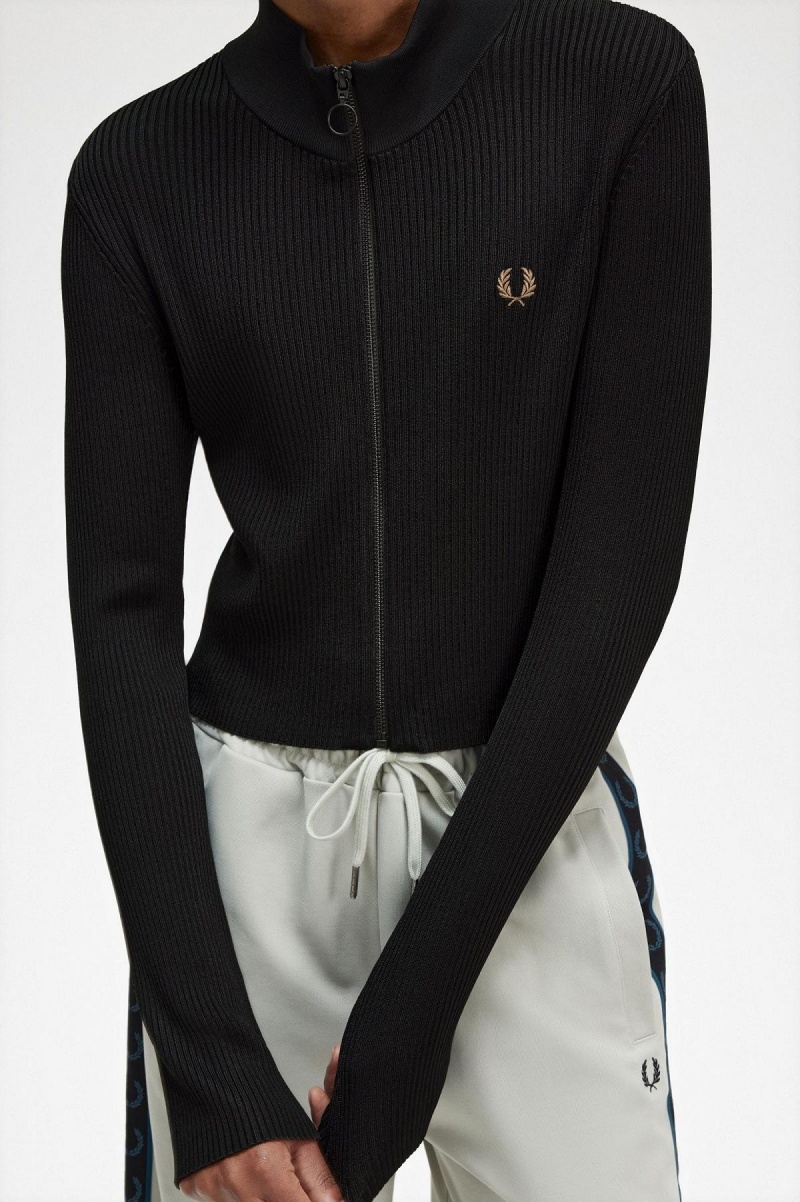Fred Perry Gerippt Zip Through Jumper Strickwaren Damen Schwarz | CHZDE46200