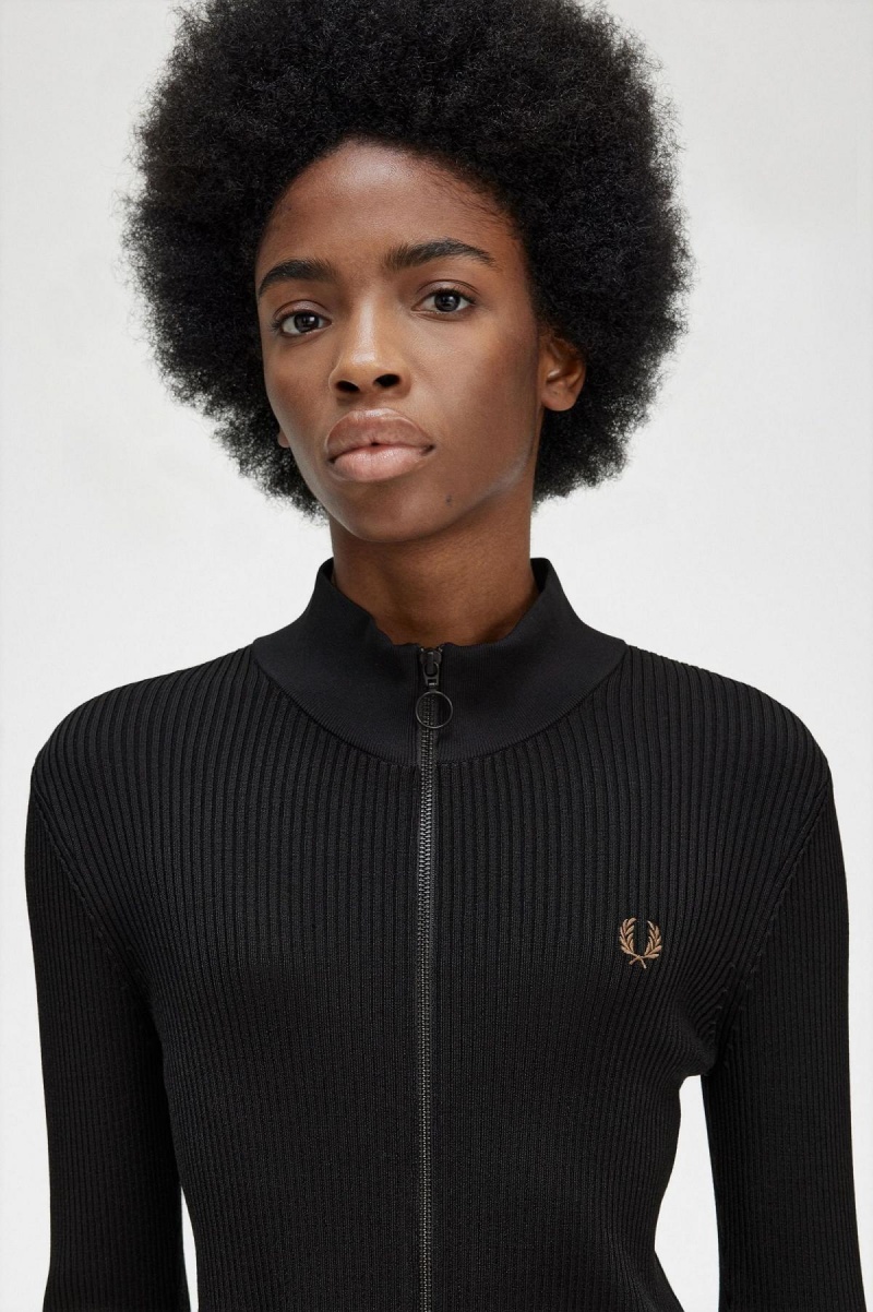 Fred Perry Gerippt Zip Through Jumper Strickwaren Damen Schwarz | CHZDE46200